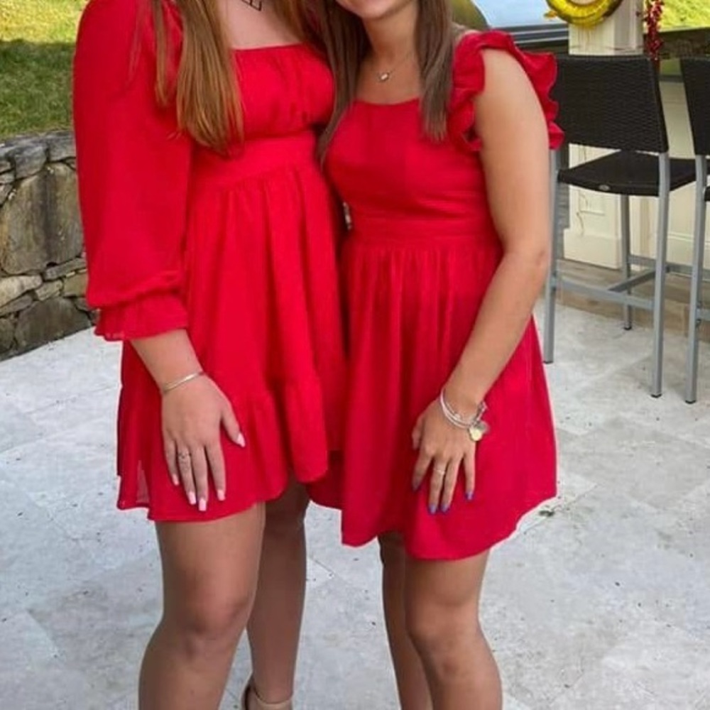 Red Women's Long Sleeve Midi Dress - Elegant Gathered Waist - small